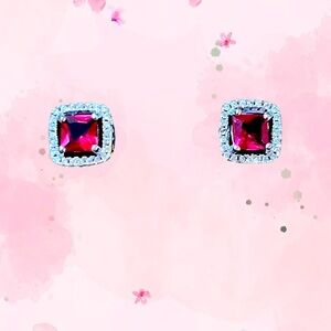 Elegant Vintage Sterling Silver Ruby Red Square Pierced Earrings